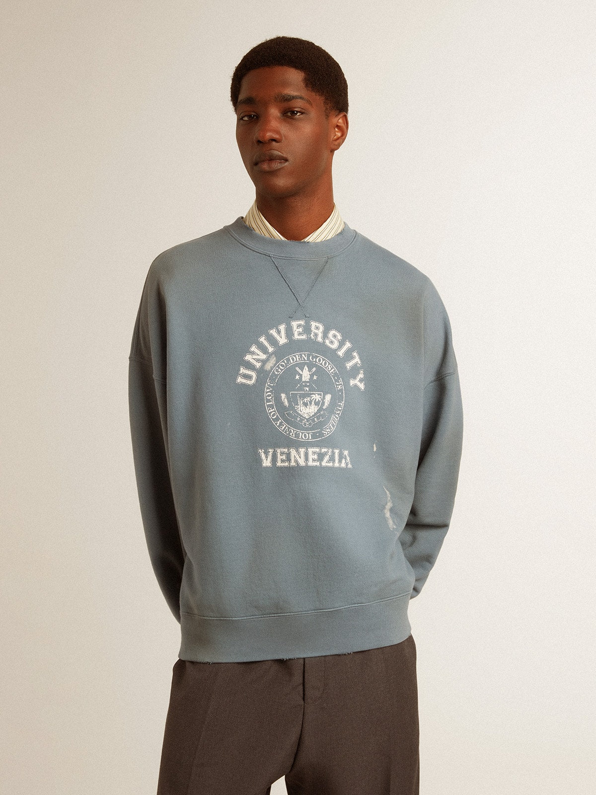 Oversized sweatshirt in baby blue with distressed finish| Golden Goose