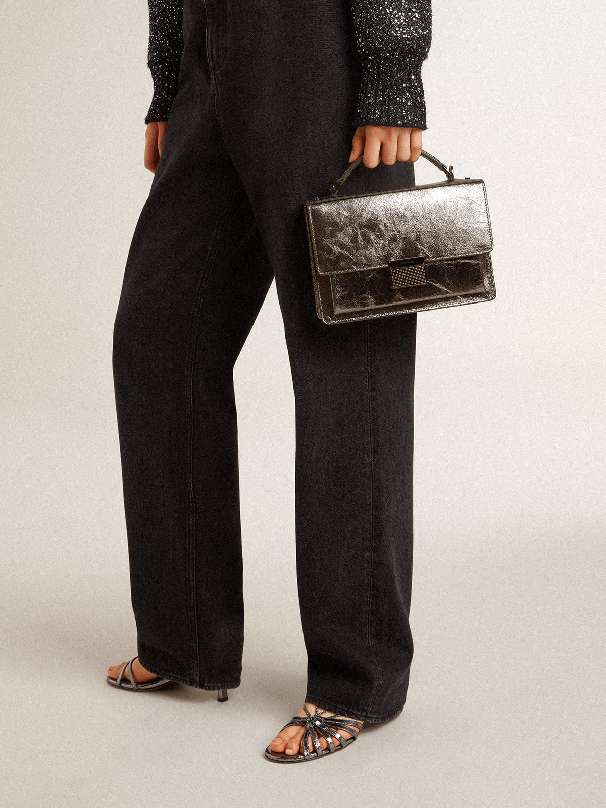 Venezia Bag in anthracite-gray metallic leather with black details| Golden Goose
