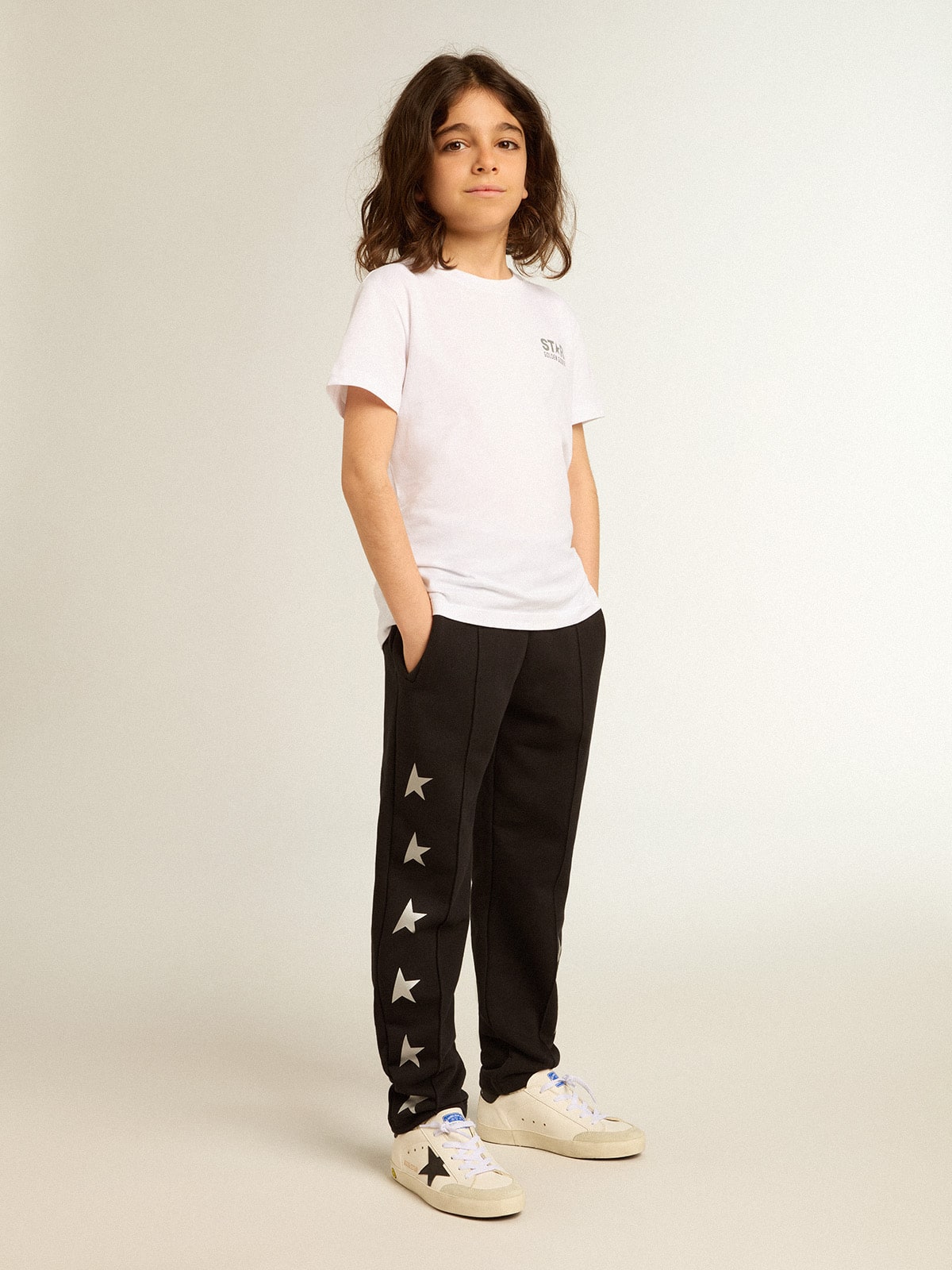 White T-shirt with contrasting silver logo on the front| Golden Goose