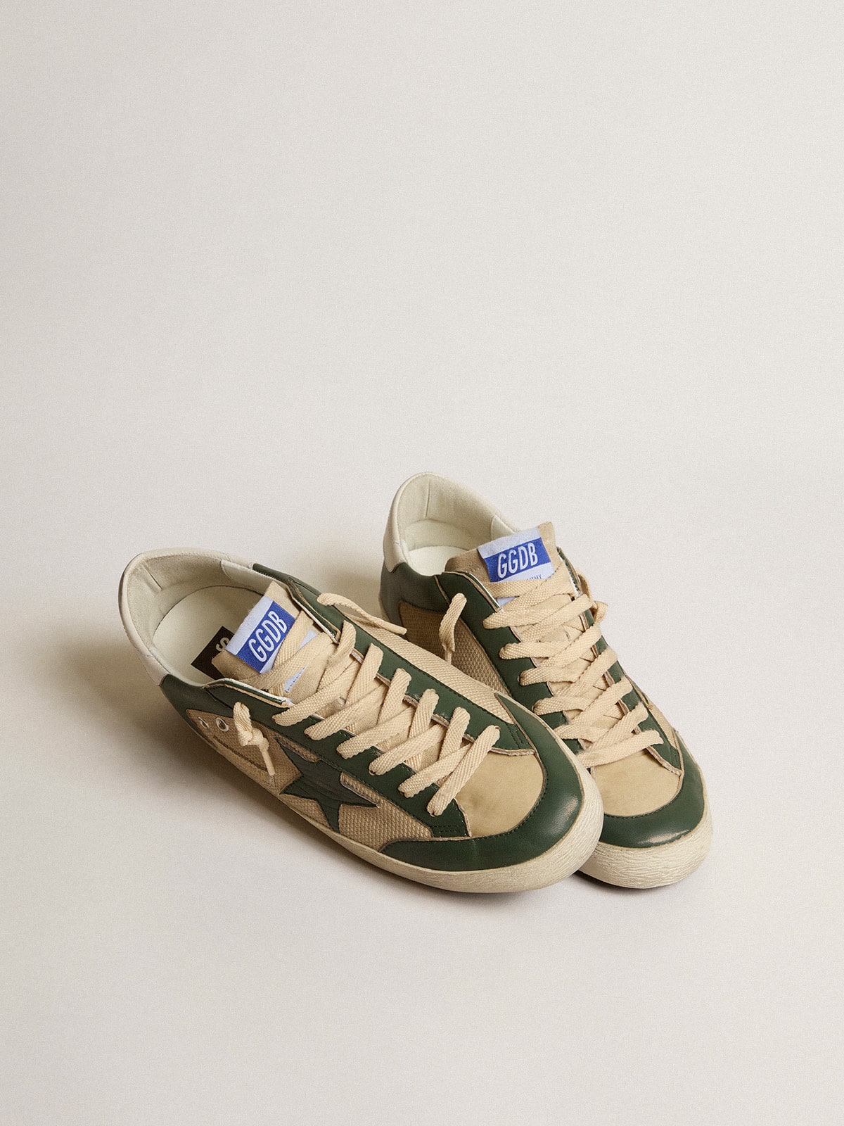 Men's Super-Star LTD in cream mesh and green nappa with nappa star| Golden Goose