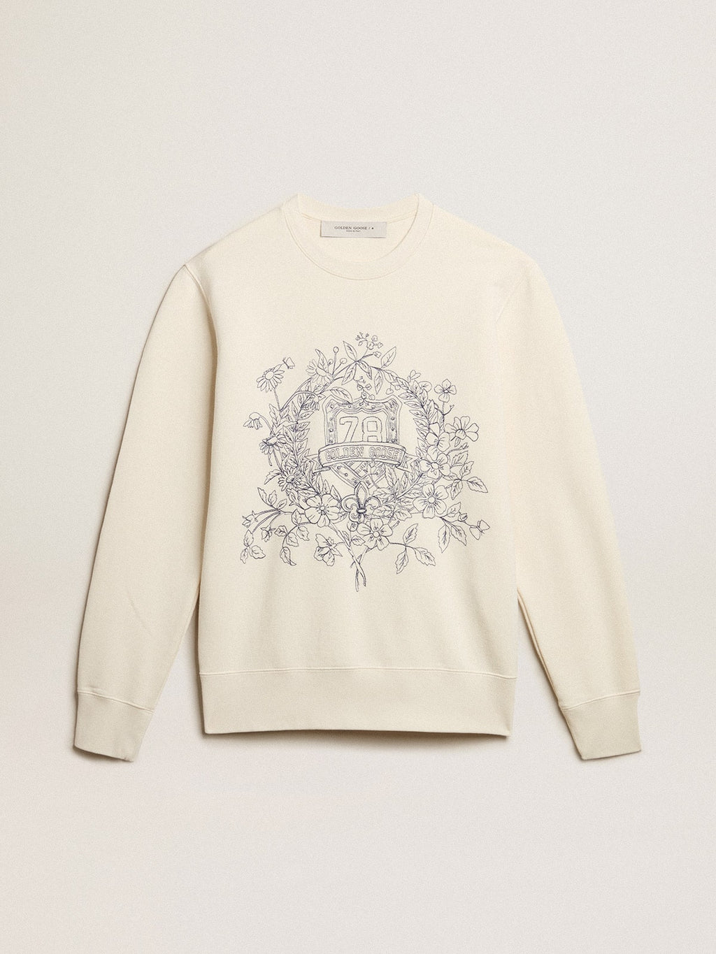 Men's aged white cotton sweatshirt with embroidery on the front