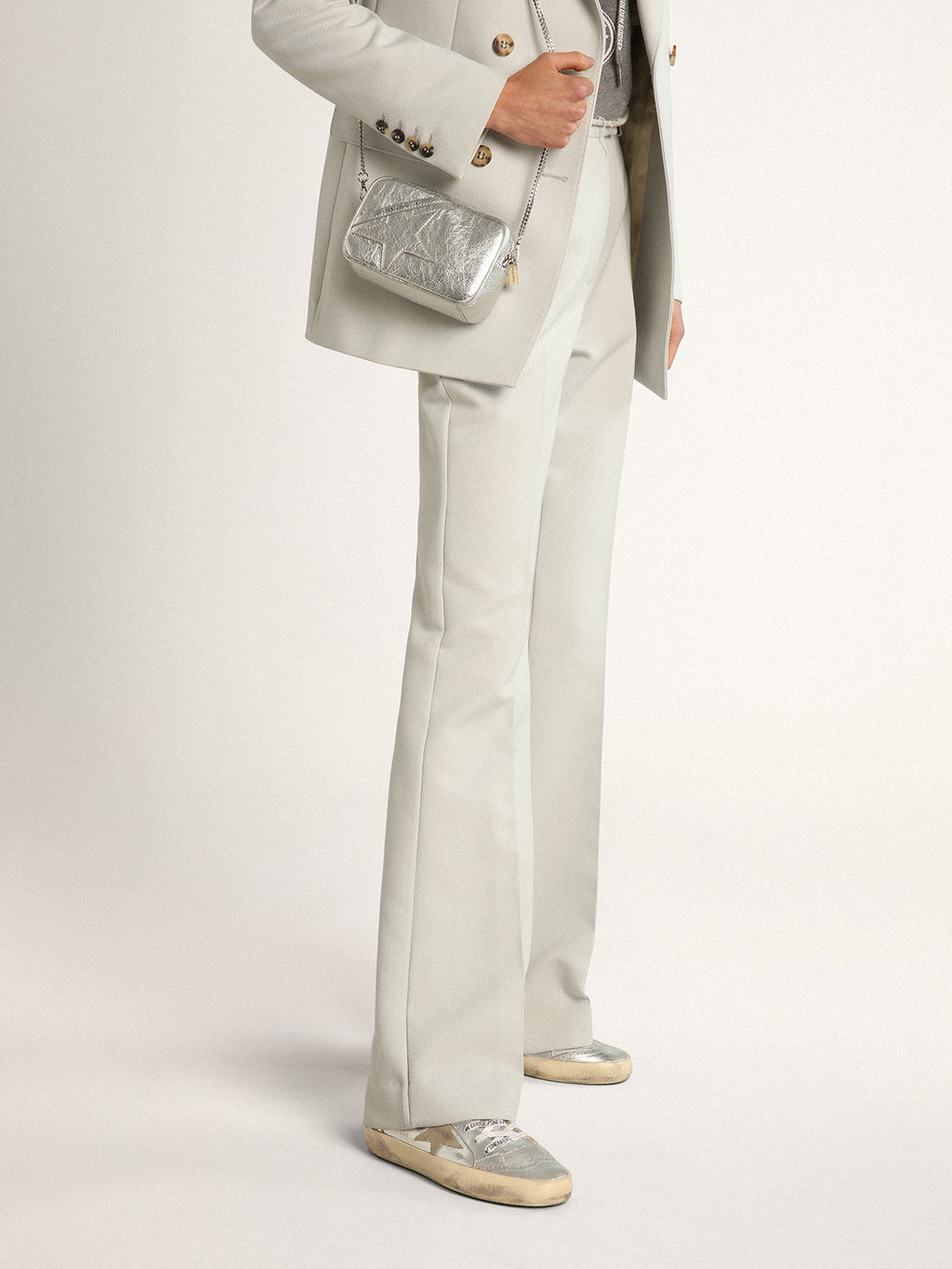 Women's Mid Star in silver laminated leather with dove gray star| Golden Goose
