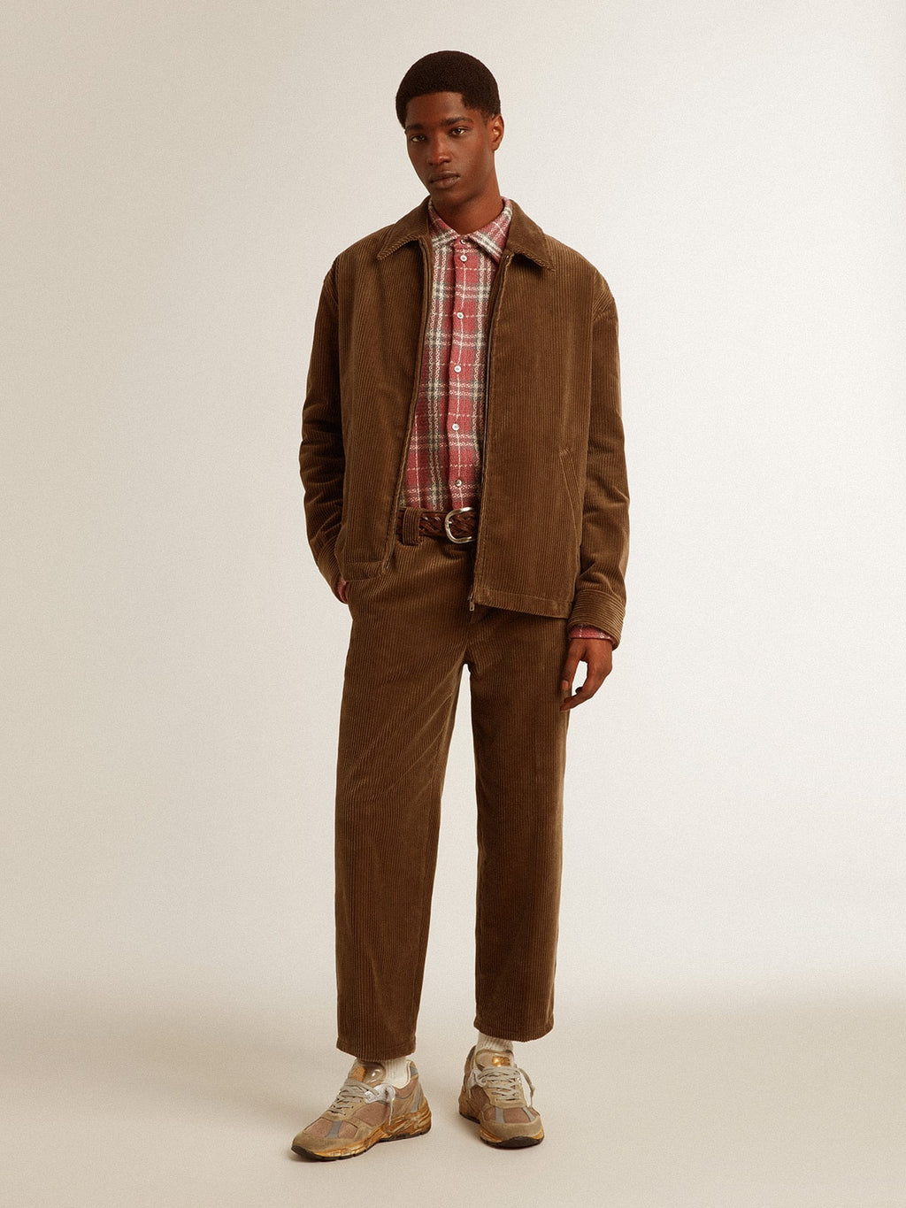 Boxy fit shirt with pink, sand and gray check embroidery