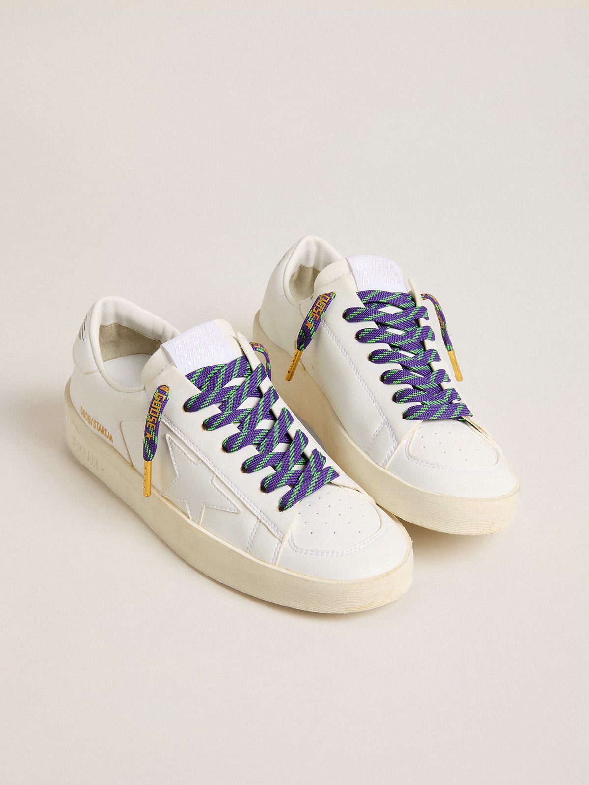 Neon green and purple cotton laces with contrast gold lettering| Golden Goose