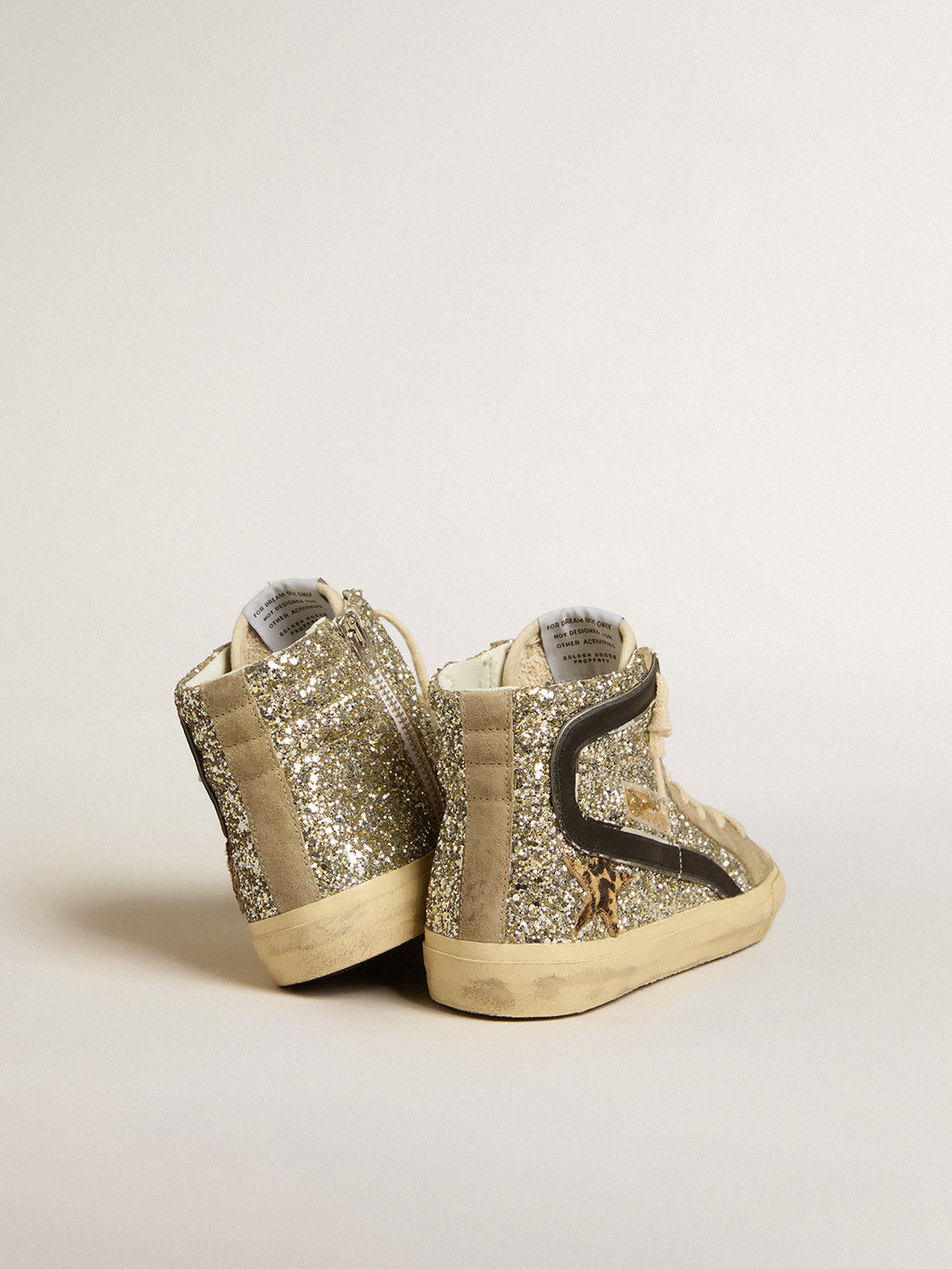 Slide in platinum glitter with leopard-print pony skin star and black flash| Golden Goose