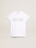 White T-shirt with central Golden lettering in crystals| Golden Goose