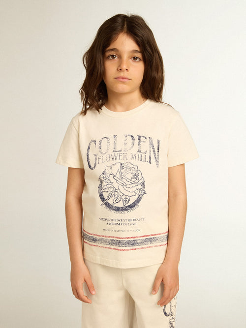 Cotton T-shirt in aged white with faded print at the center| Golden Goose