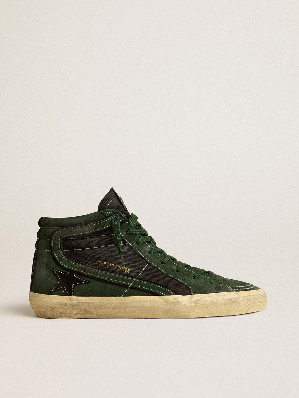 Slide LTD in green suede and black canvas with suede star and flash| Golden Goose