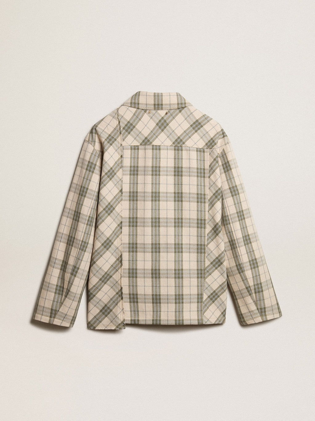 Men's slim-fit shirt made of ecru and green cotton flannel