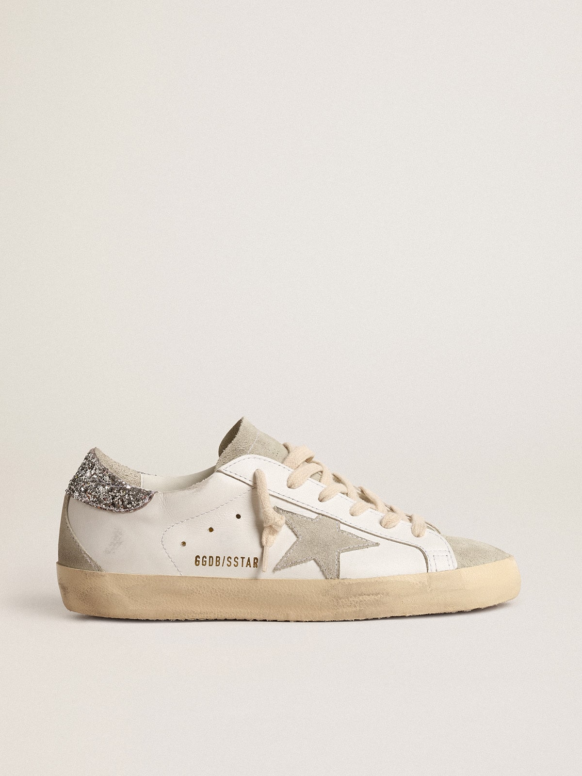 Women's Super-Star with gray star and silver glitter heel tab| Golden Goose