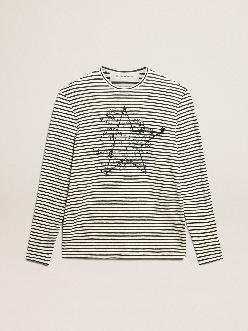 Men's T-shirt with white and blue stripes and embroidery on the front| Golden Goose