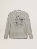 Men's T-shirt with white and blue stripes and embroidery on the front| Golden Goose