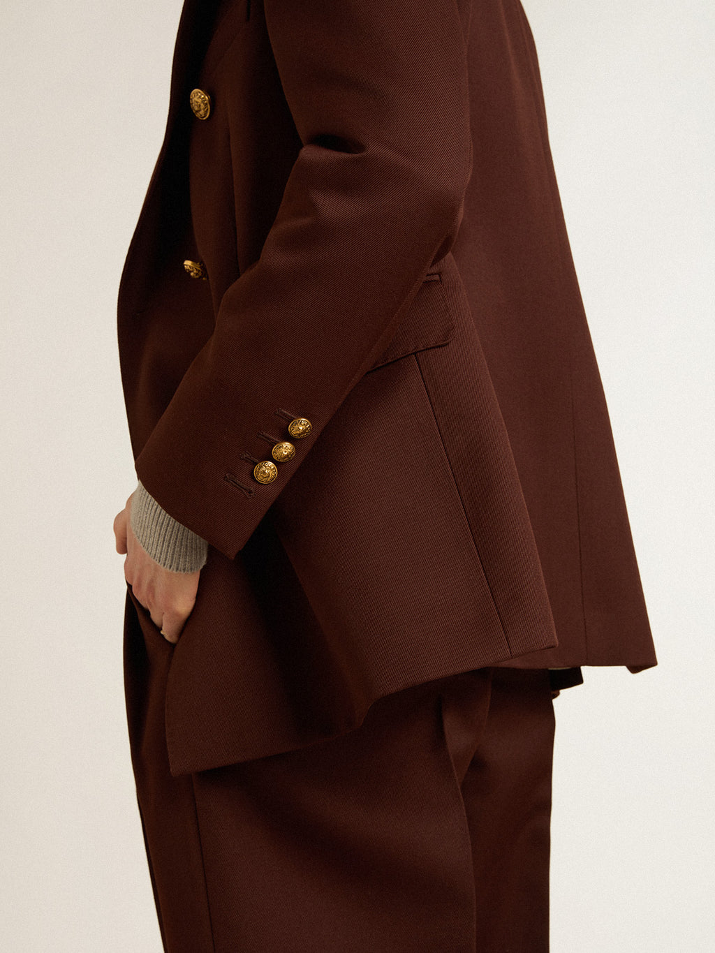 Women's double-breasted blazer in coffee-colored wool gabardine| Golden Goose