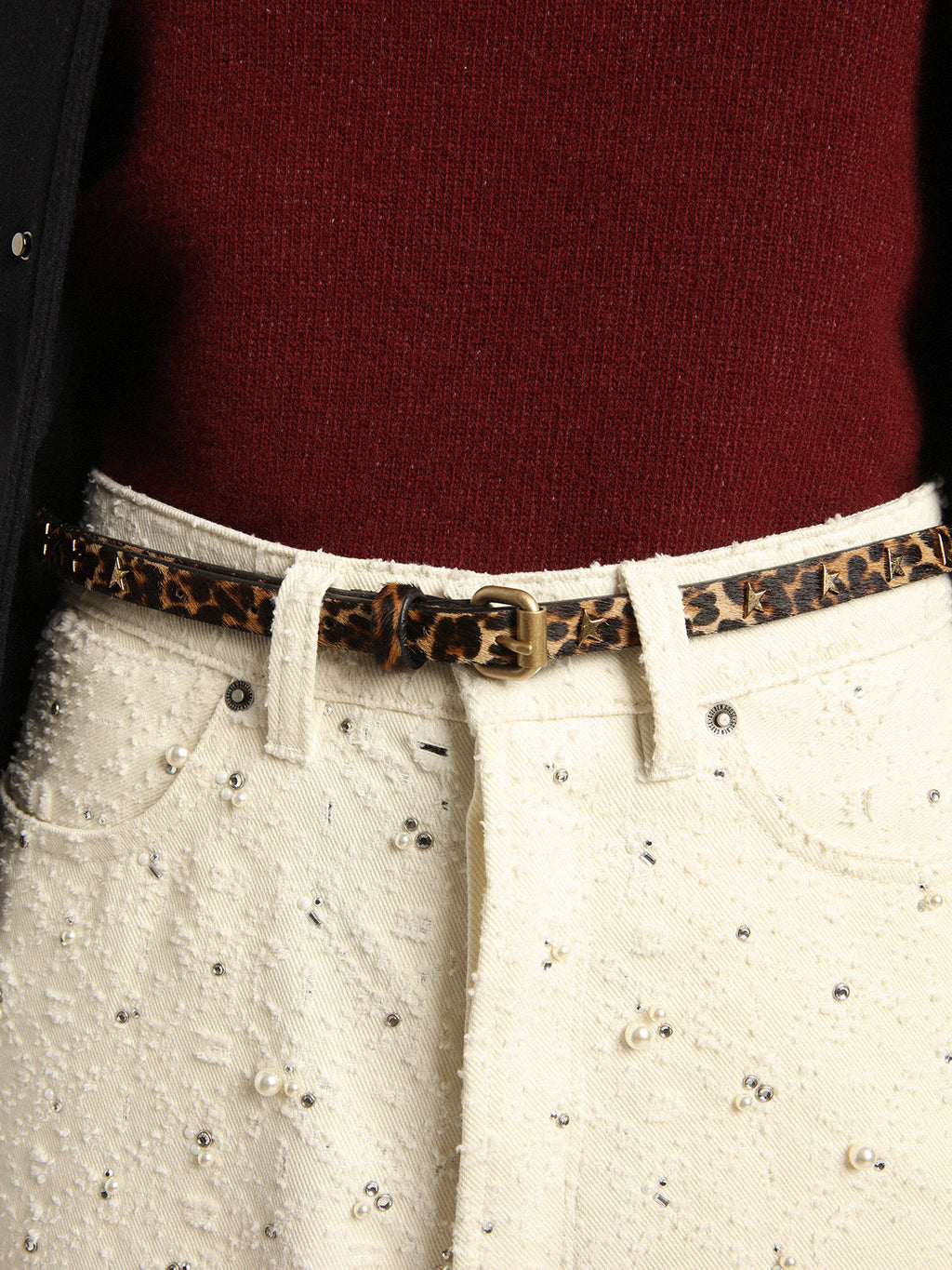 Women's belt in black and brown leopard print pony skin with studs| Golden Goose