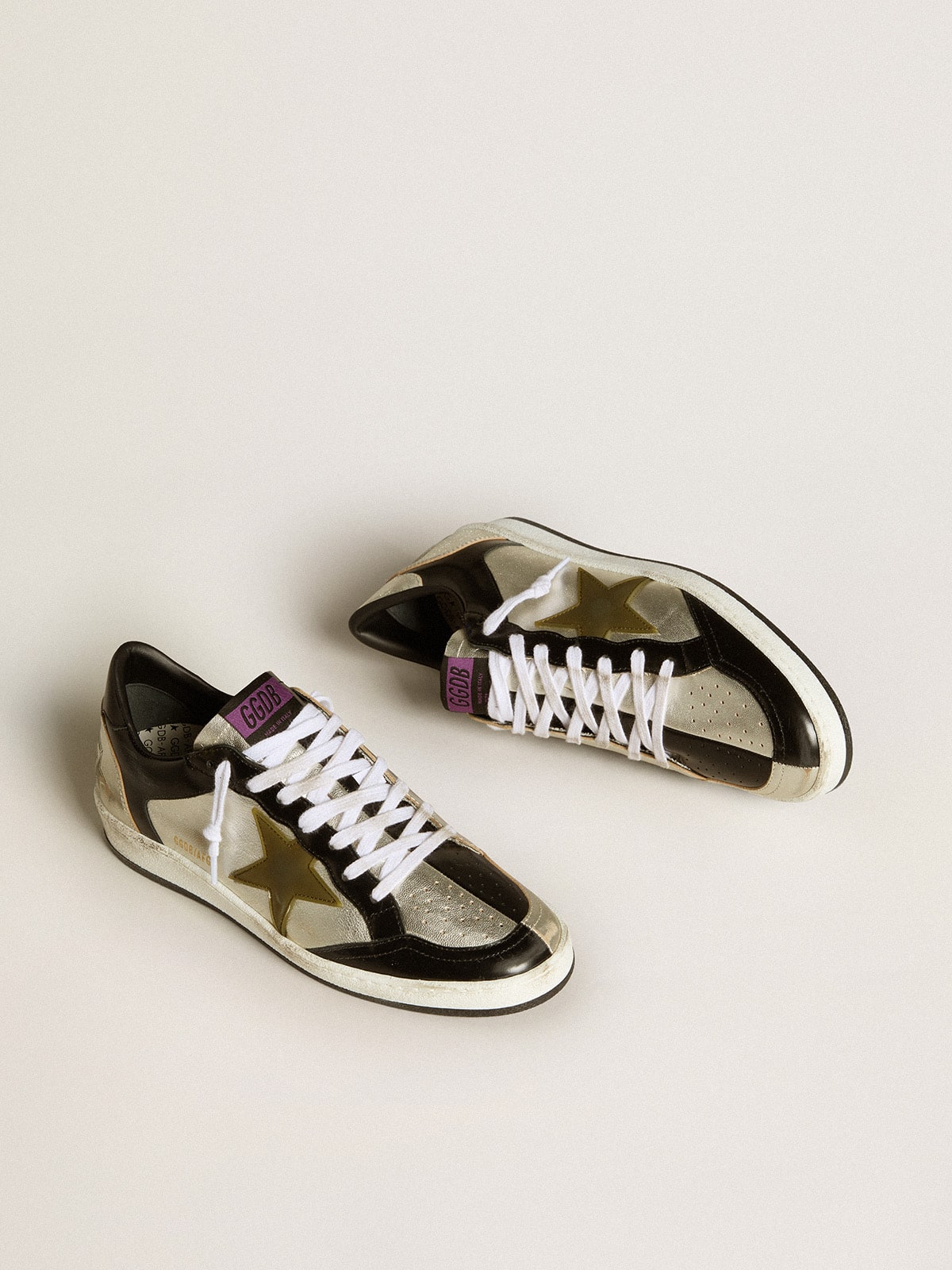 Women's Ball Star LAB in silver leather with brown leather star and black heel tab| Golden Goose
