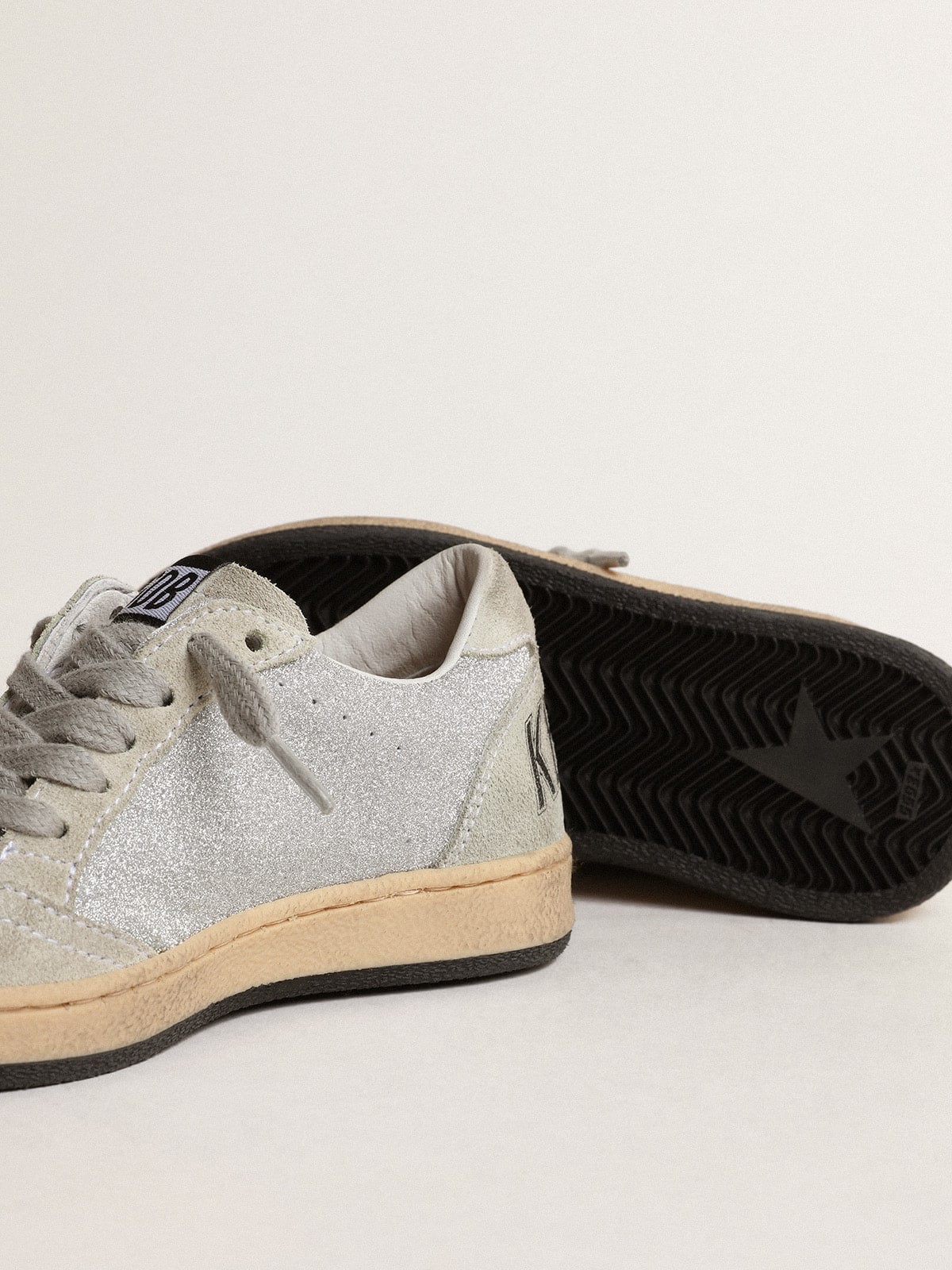 Ball Star Junior in glitter with ice-gray suede inserts| Golden Goose