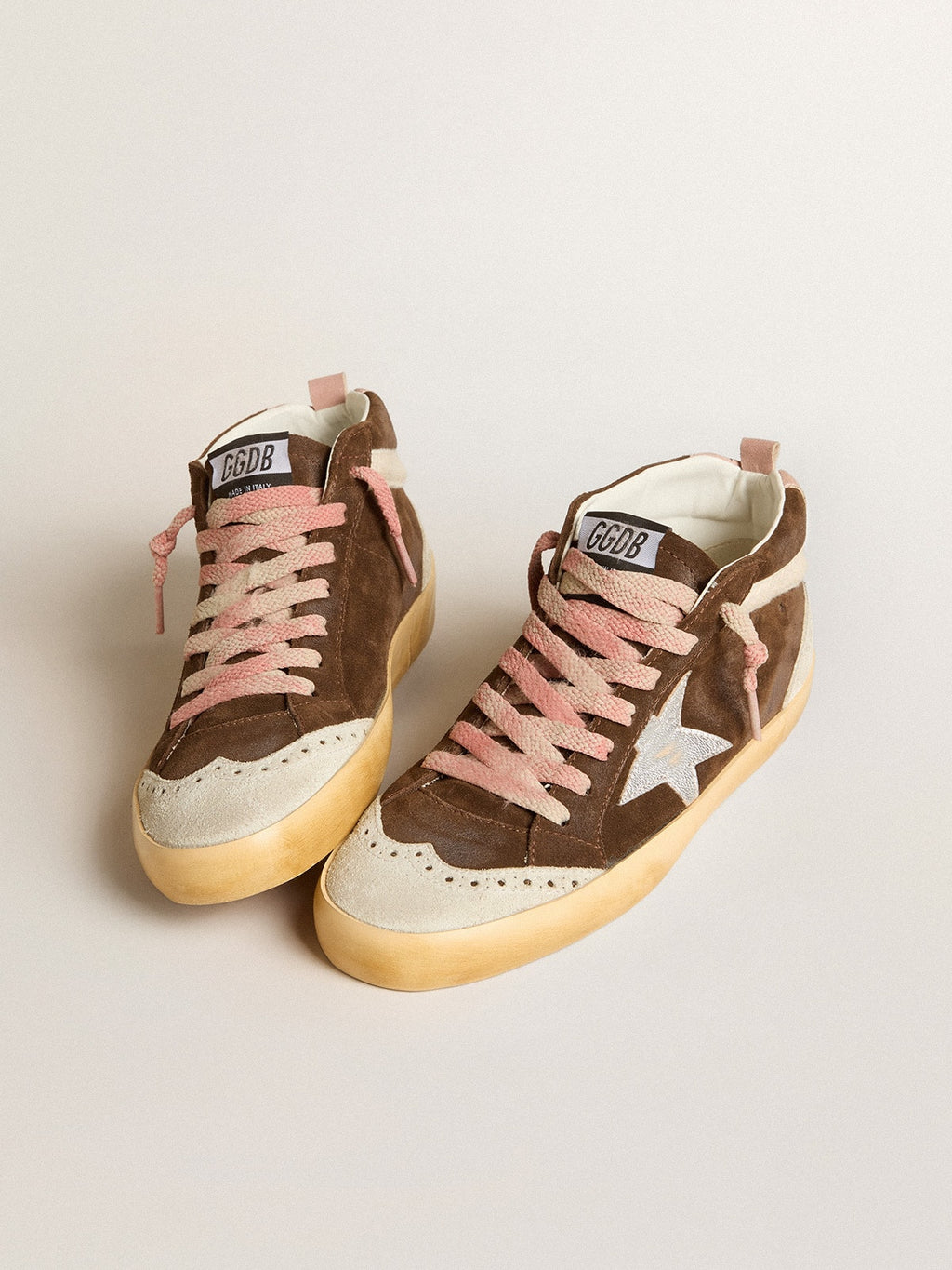 Mid Star LTD in brown suede with silver nappa leather star and cream flash| Golden Goose