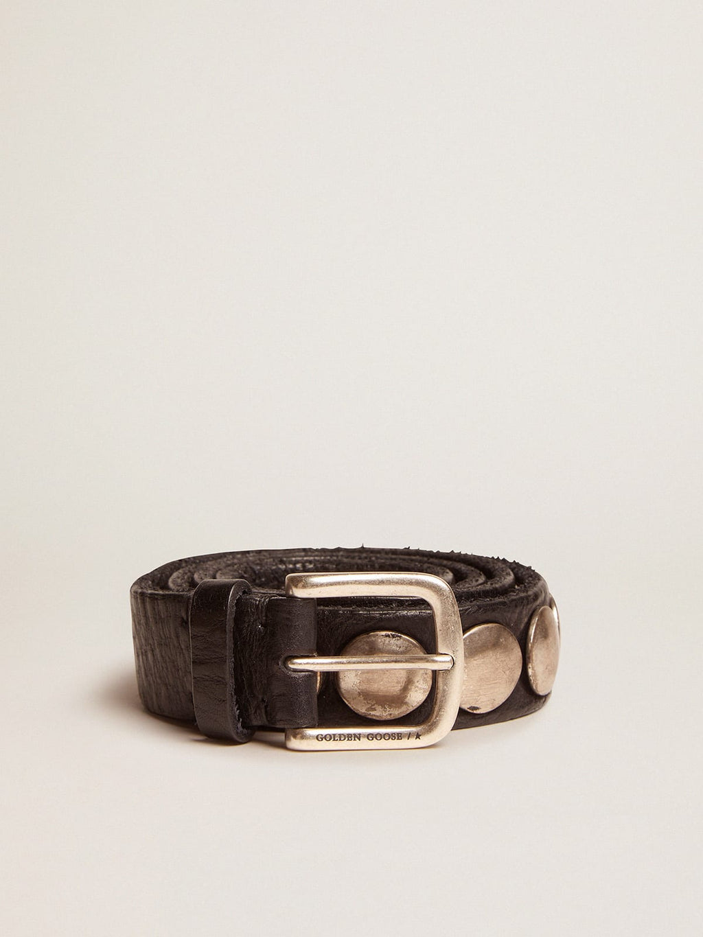 Women's black Trinidad belt in washed leather with silver studs| Golden Goose