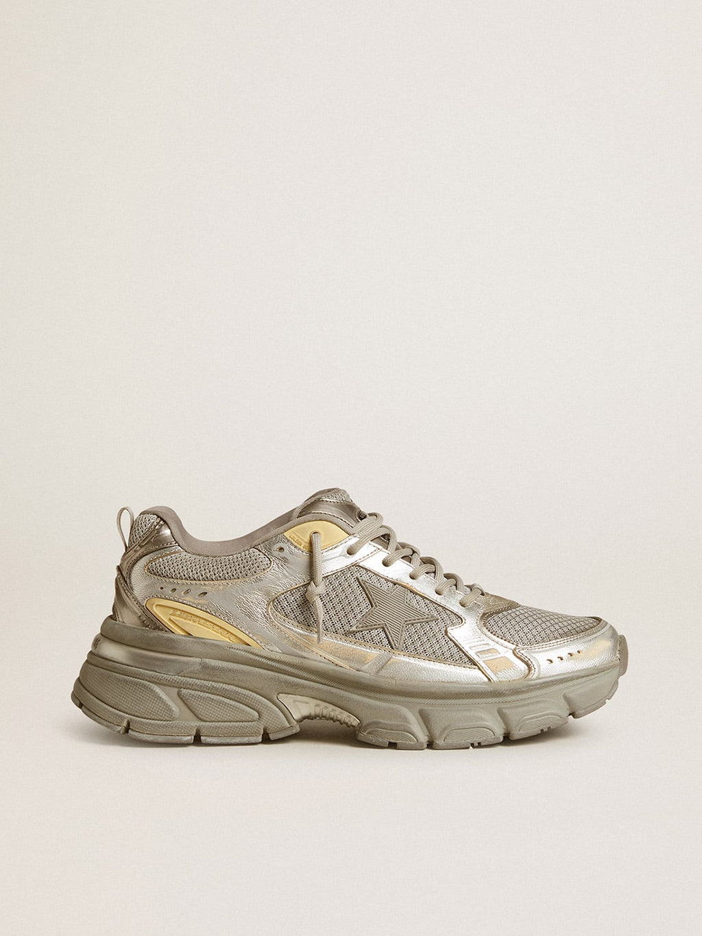 Men's Lightstar in metallic leather and silver mesh with gray star| Golden Goose