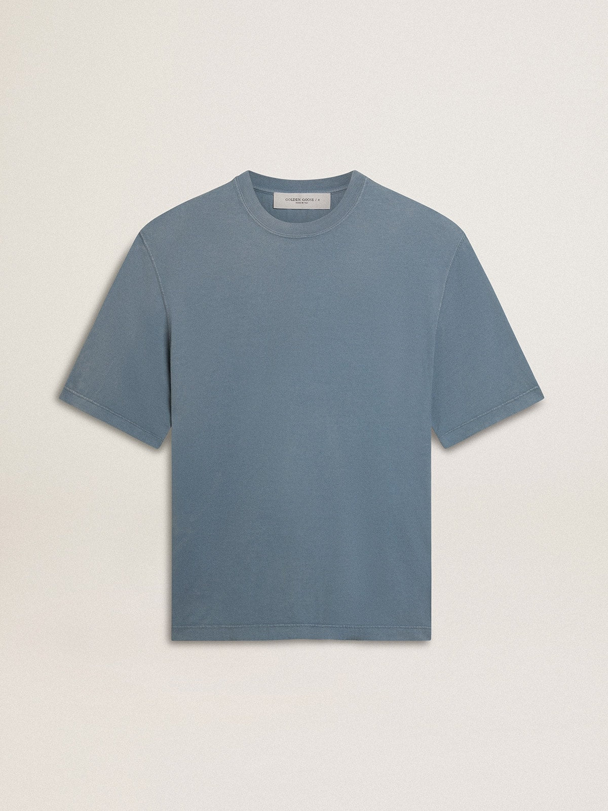 Unisex cotton T-shirt in baby blue with reverse print on the back| Golden Goose