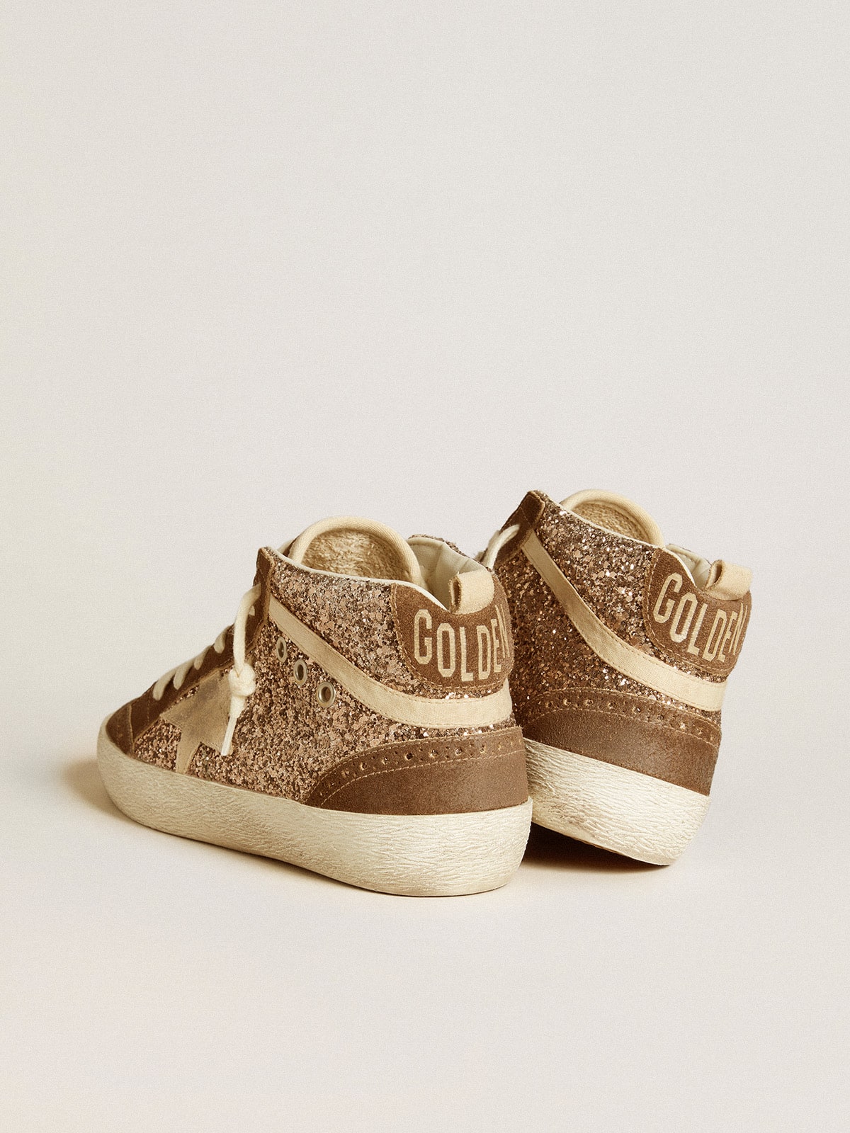 Women's Mid Star in glitter with pearl suede star and brown suede inserts| Golden Goose