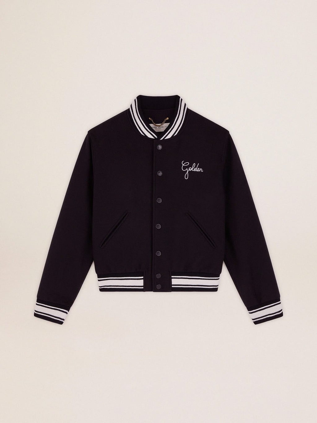 Women's bomber jacket in dark blue wool with white details| Golden Goose