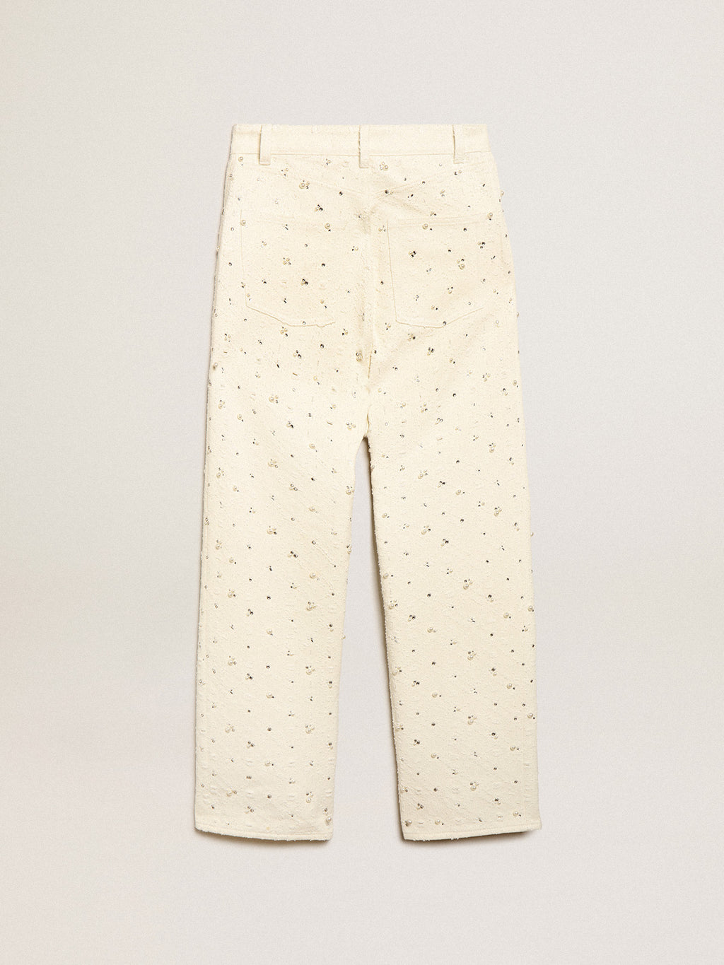 Journey Collection Kim jeans in off-white cotton with diamond patterns and the addition of beads and crystals| Golden Goose