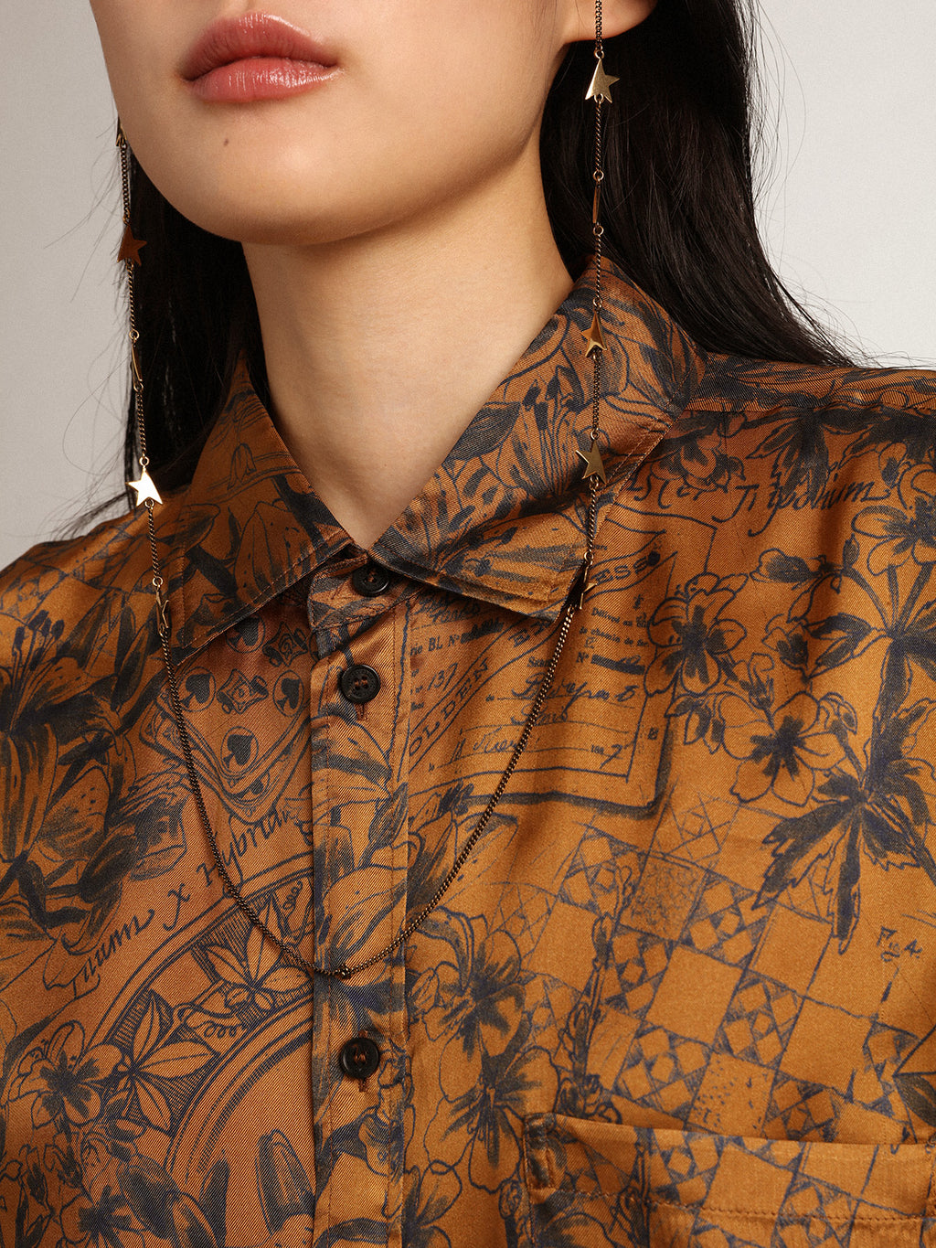Women's golden brown boyfriend shirt with notebook print| Golden Goose