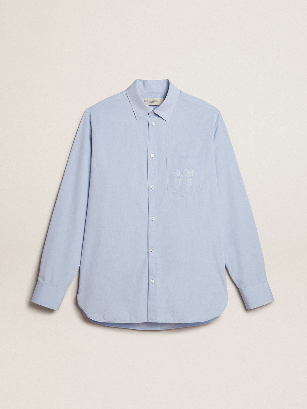Baby-blue cotton shirt with embroidered pocket| Golden Goose