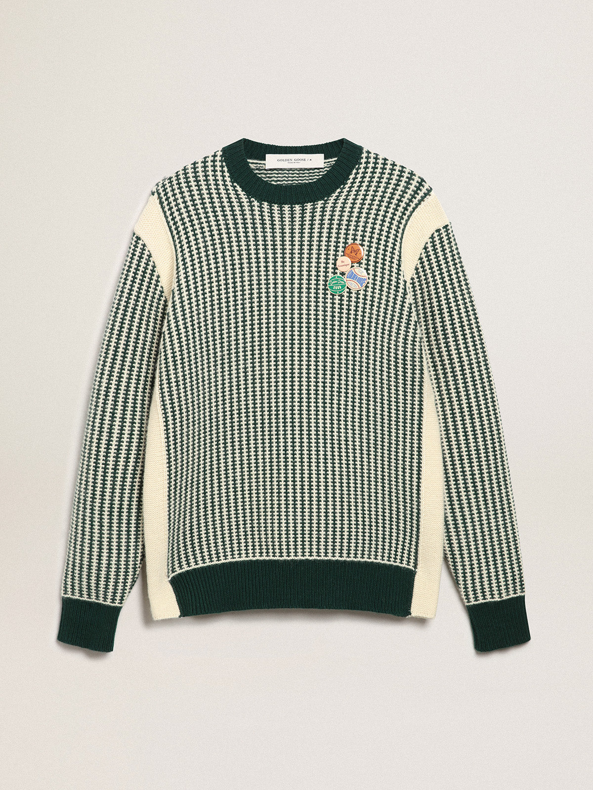 Men's round-neck sweater in two-tone white and green wool| Golden Goose