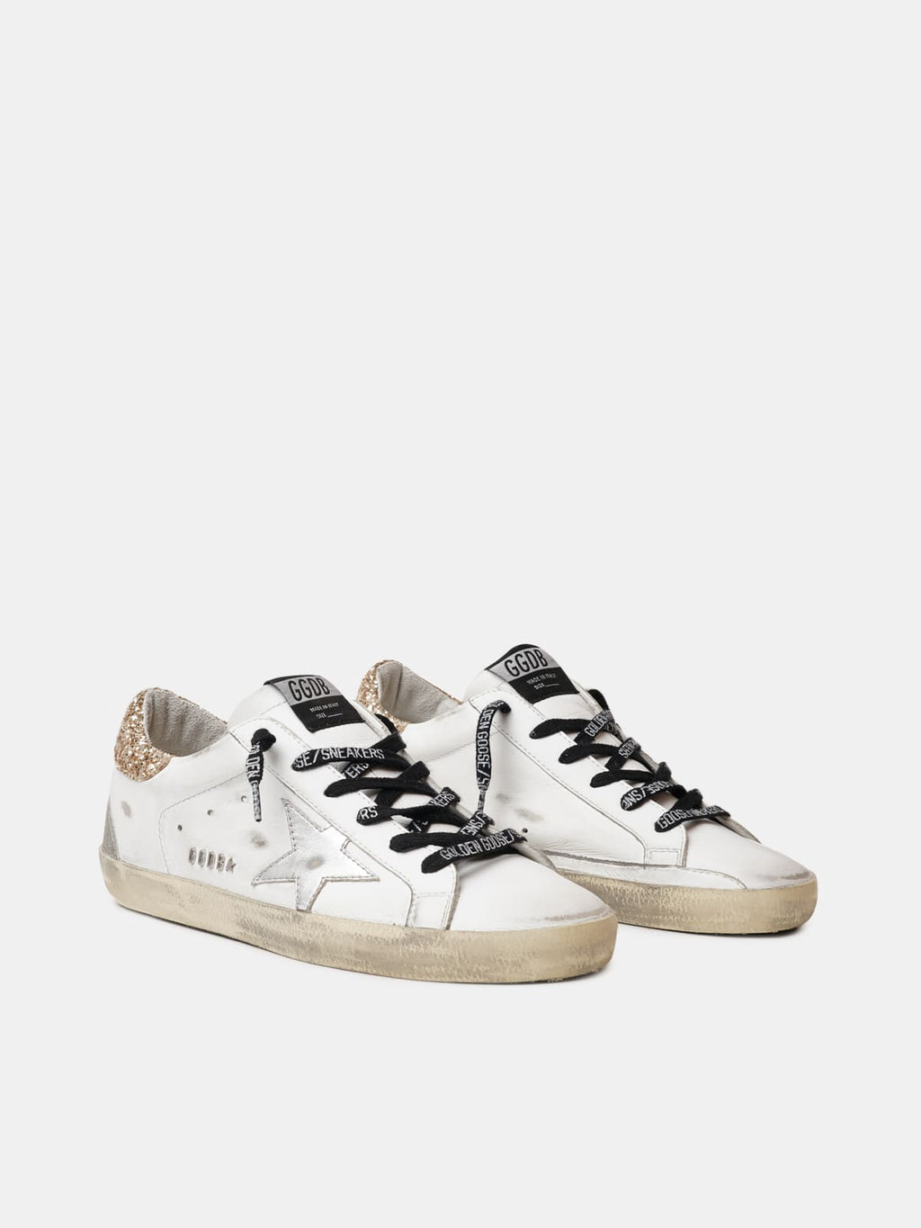 Women's white leather Super-Star sneakers with glittery heel tab| Golden Goose