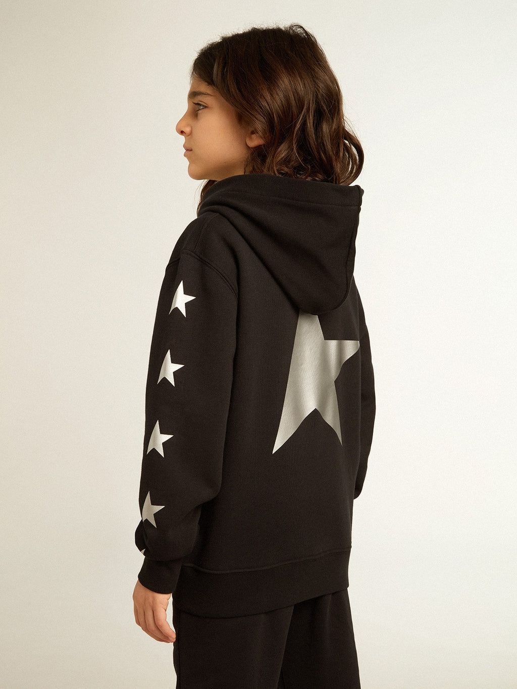 Boys' hooded sweatshirt in black with contrasting silver stars| Golden Goose