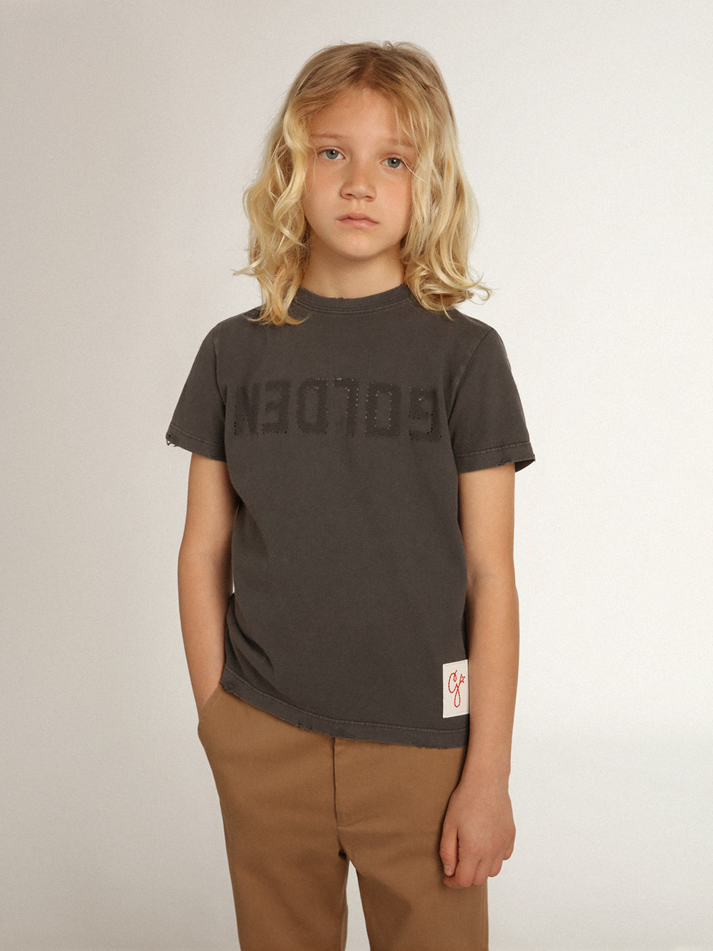 Boys' T-shirt in gray with distressed treatment| Golden Goose