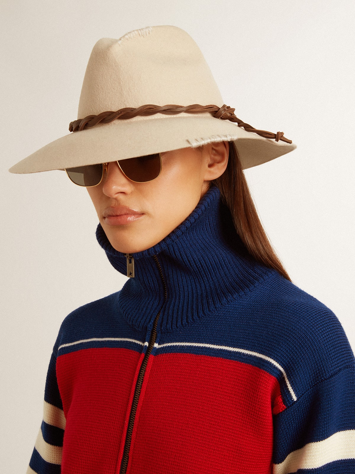 Parchment-colored fedora hat with leather band| Golden Goose