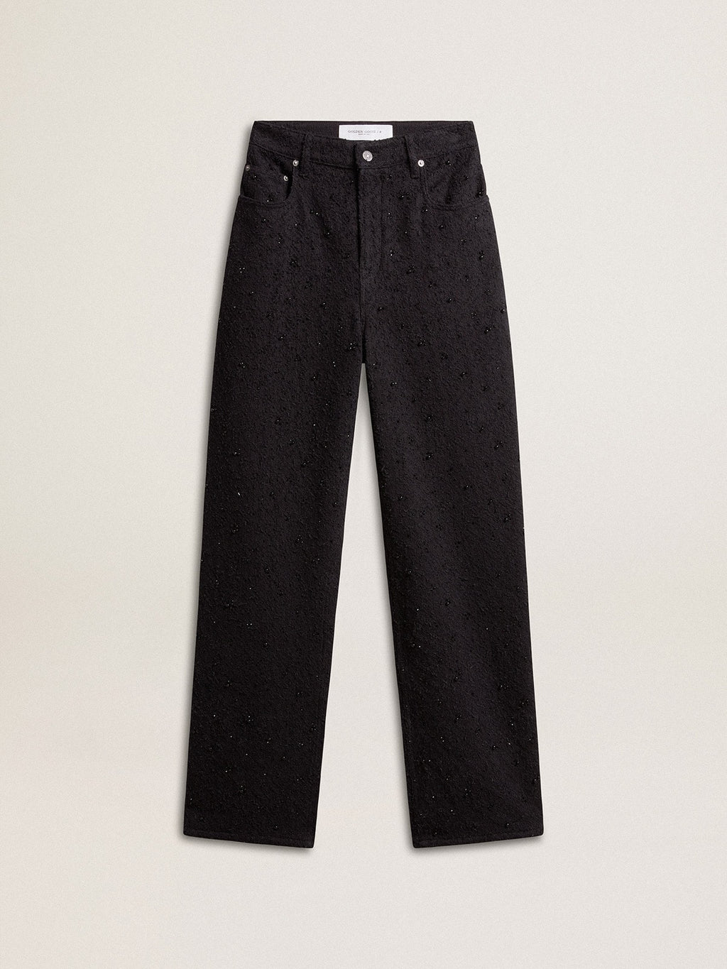 Women's cotton denim pants with crystal and stone decoration
