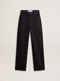 Women's cotton denim pants with crystal and stone decoration