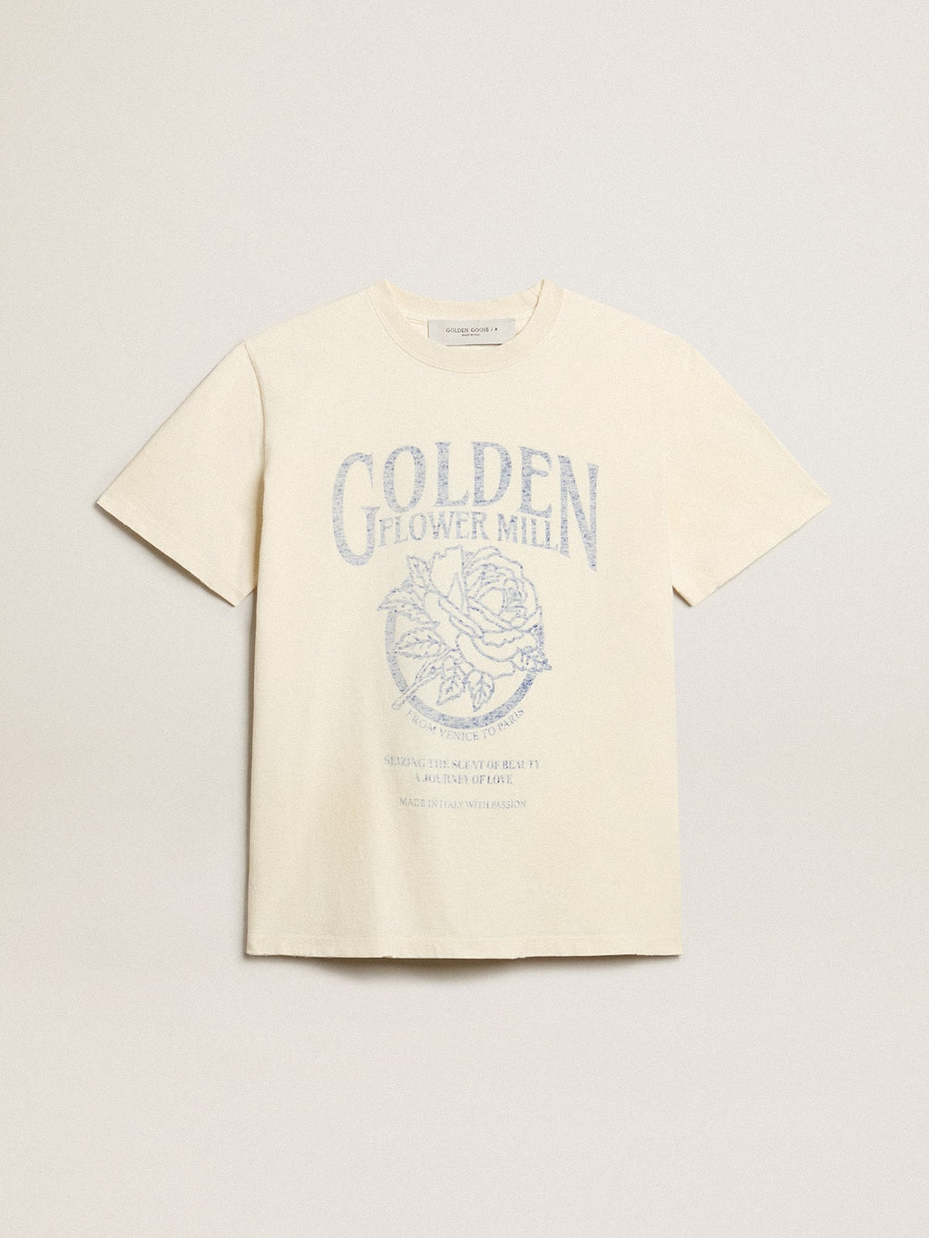 Women's T-shirt in aged white cotton with seasonal print| Golden Goose