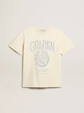 Women's T-shirt in aged white cotton with seasonal print| Golden Goose