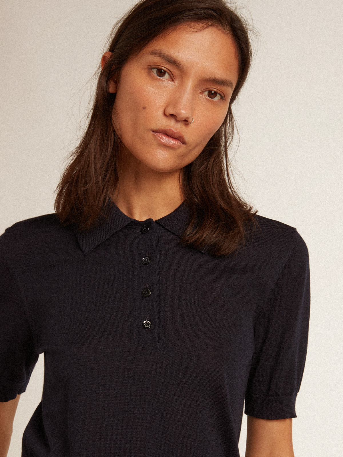 Women's polo shirt in navy-blue merino wool| Golden Goose
