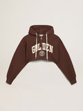Walnut-brown Journey Collection hooded cropped sweatshirt with contrasting white Golden lettering| Golden Goose