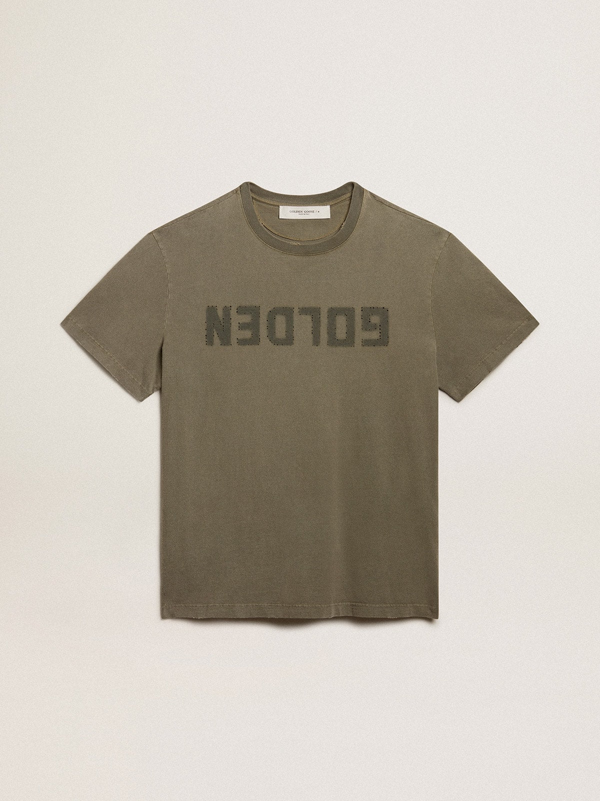 Olive-green regular-fit T-shirt with Golden lettering on the front| Golden Goose