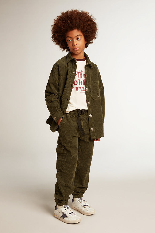 Boys' dark green shirt in velvet-effect cotton| Golden Goose