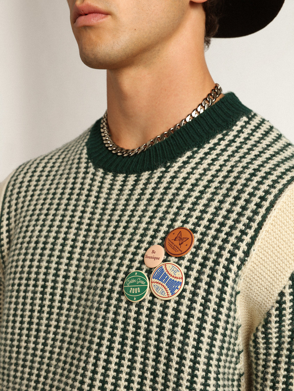 Men's round-neck sweater in two-tone white and green wool| Golden Goose