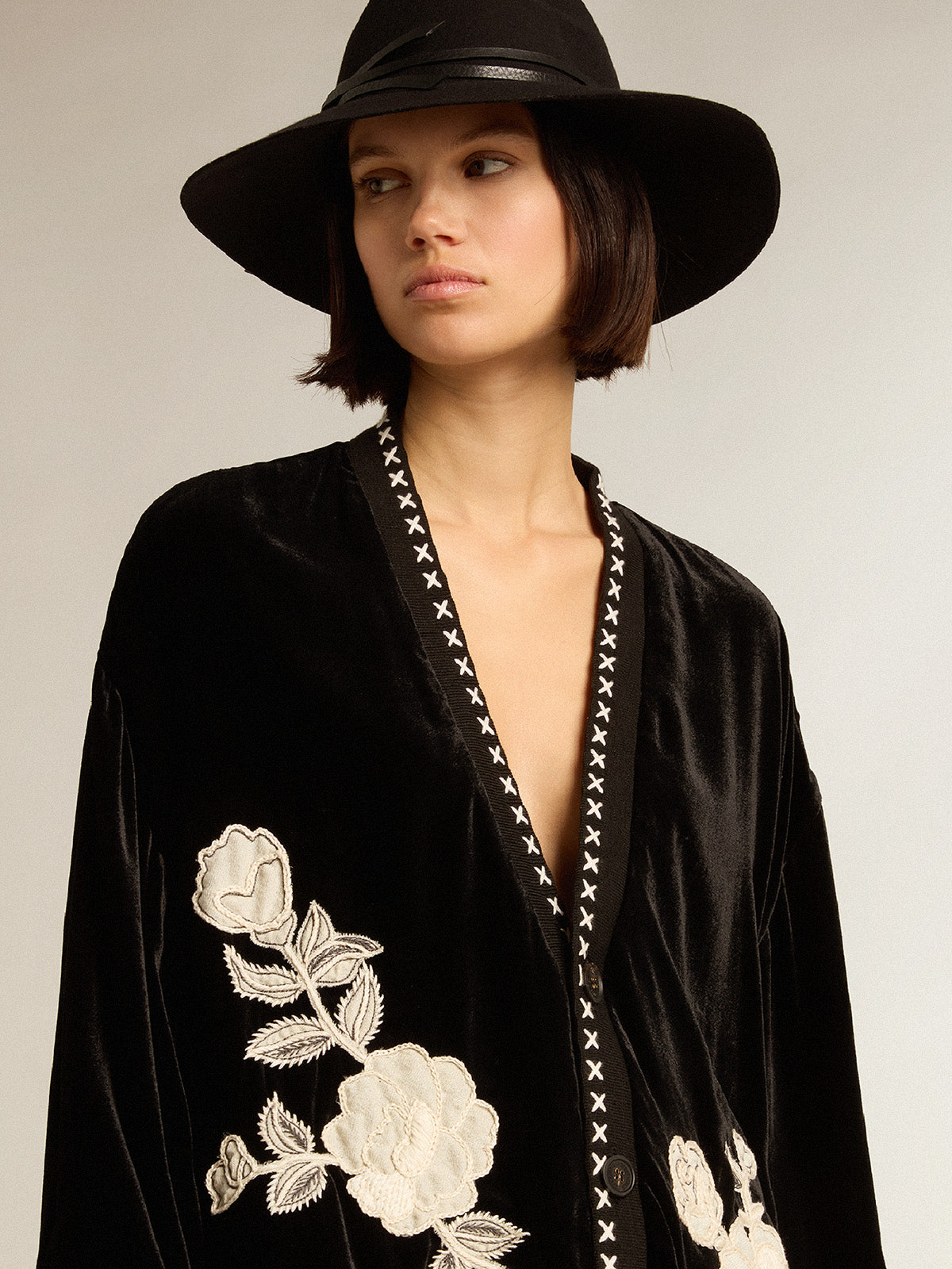Black velvet jacket with floral embroidery on the front| Golden Goose