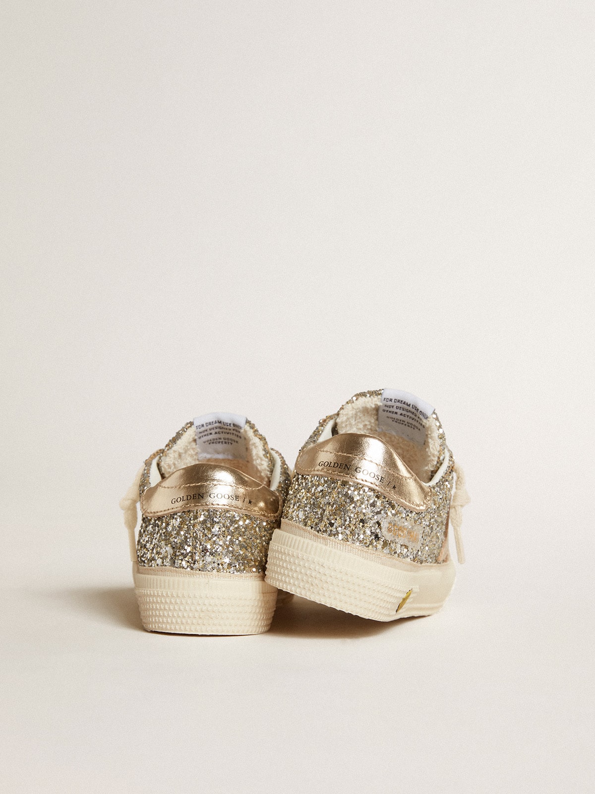 May Junior in platinum glitter with metallic leather star and heel tab| Golden Goose