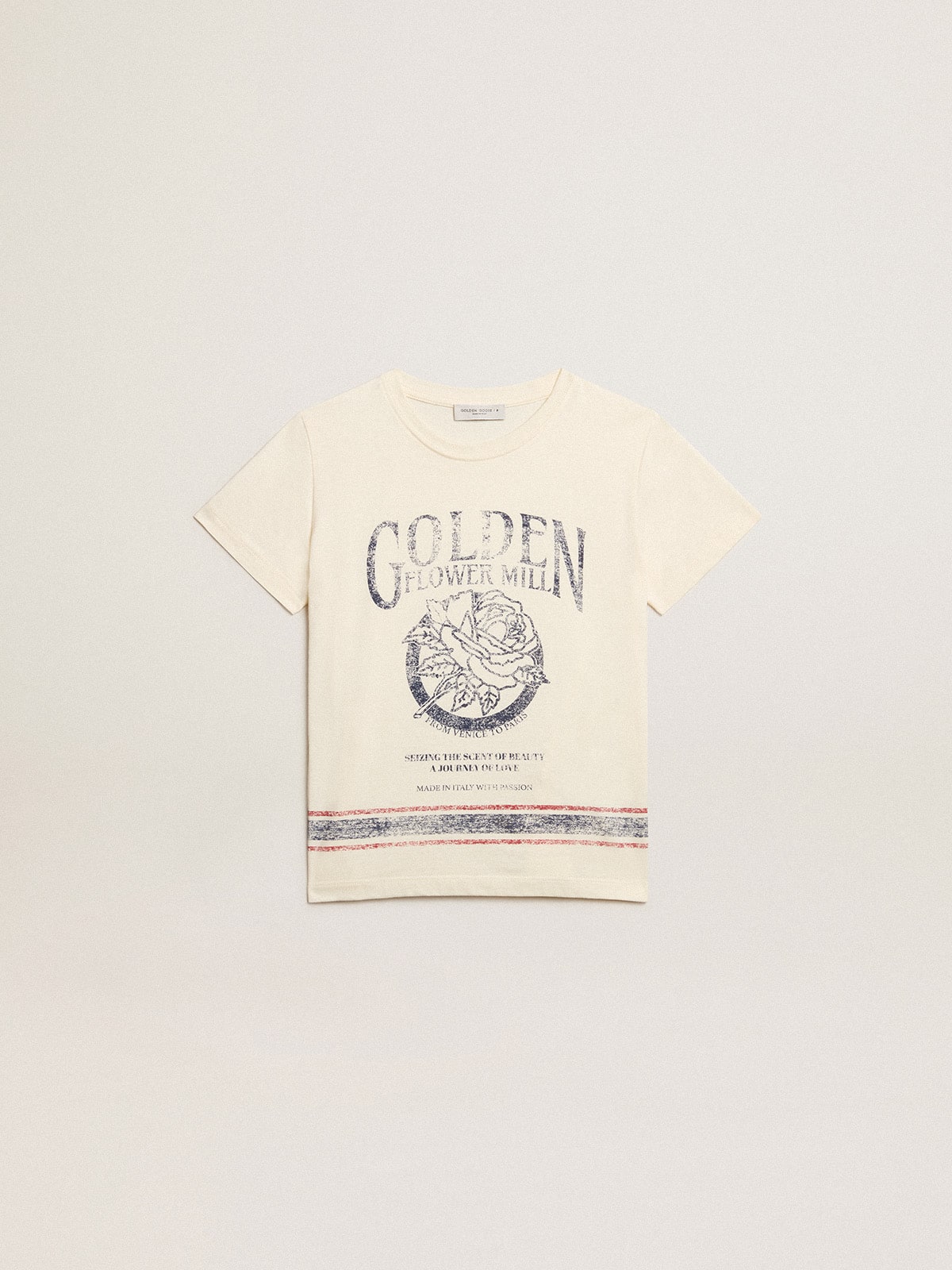 Cotton T-shirt in aged white with faded print at the center| Golden Goose