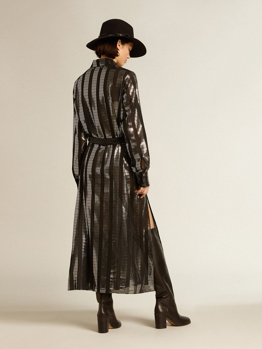 Black shirt dress with metallic appliqués| Golden Goose