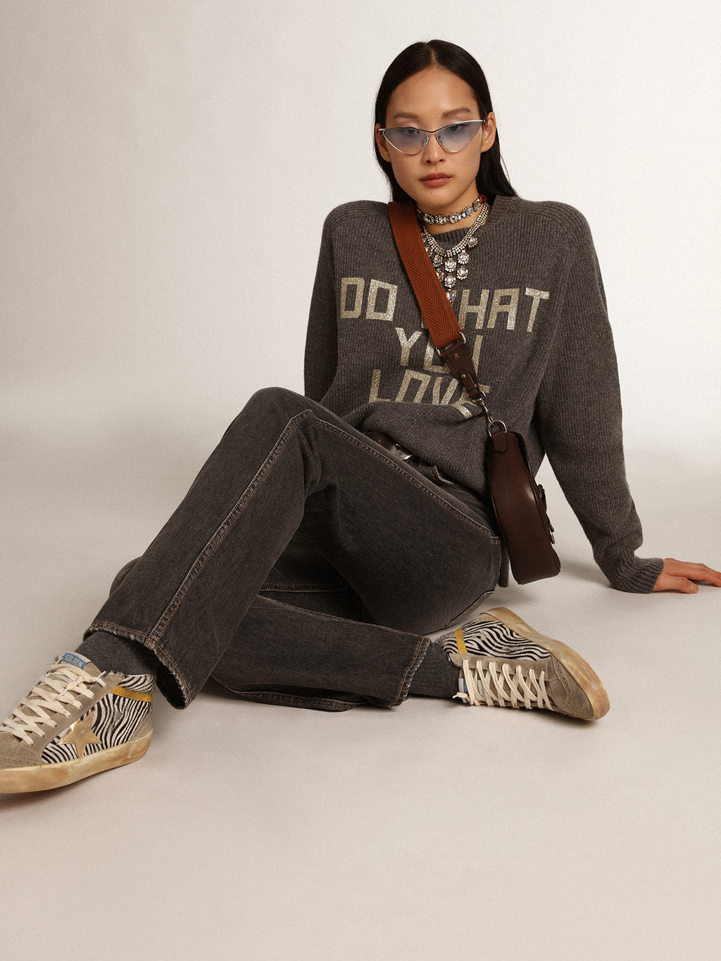 Women's gray round-neck sweater with glitter lettering| Golden Goose