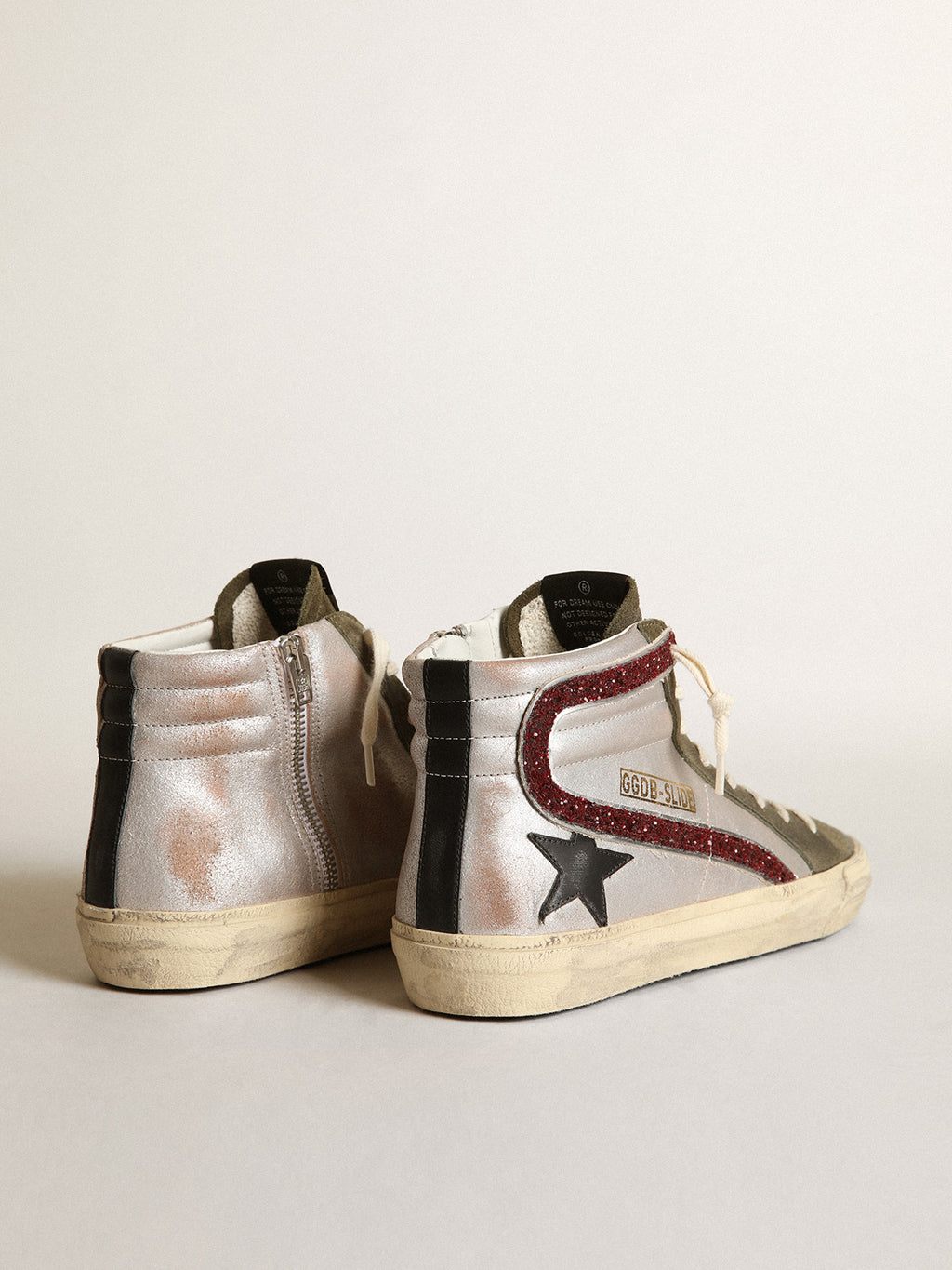 Silver Slide with a black leather star and glitter flash| Golden Goose