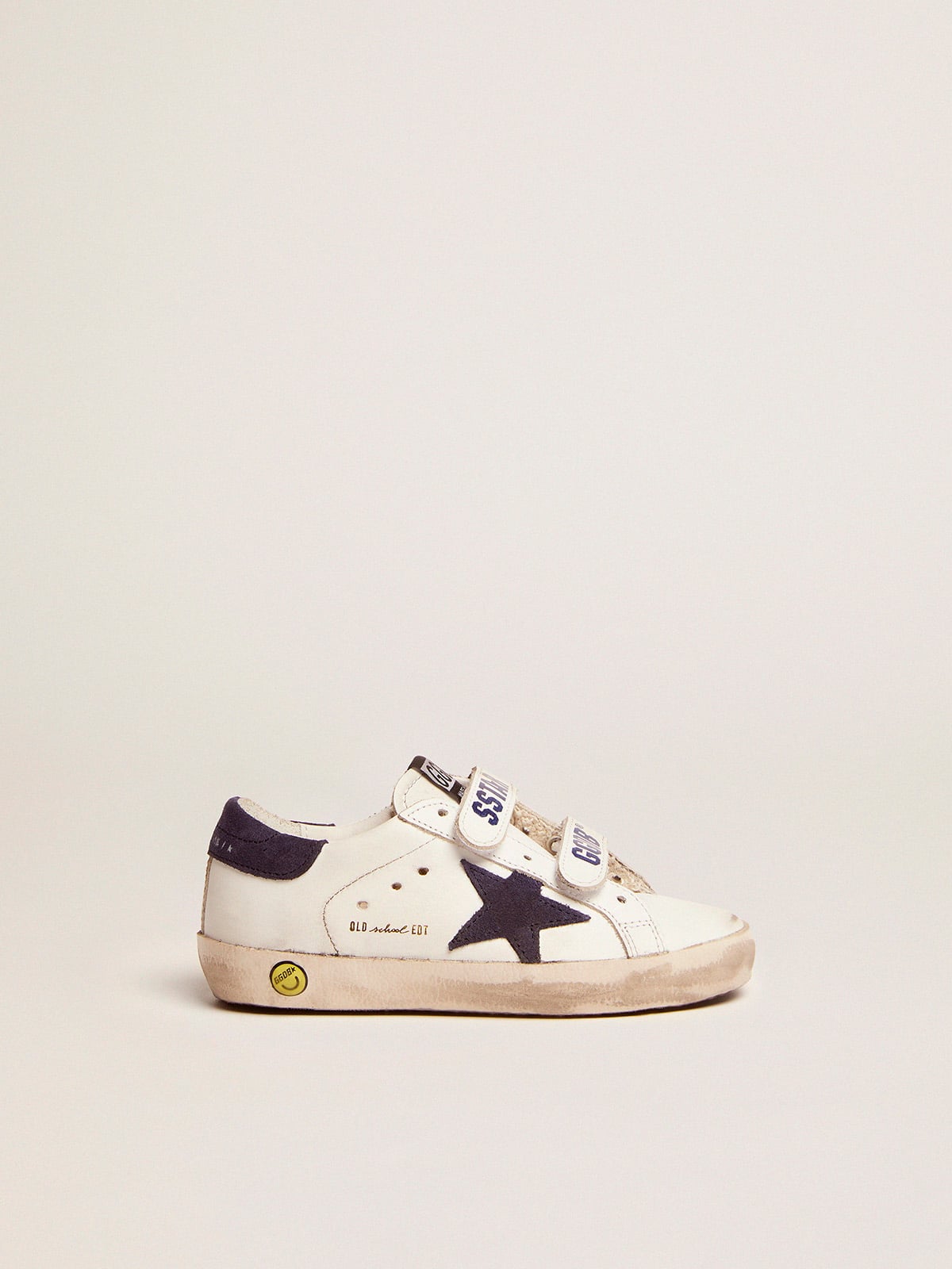 Old School Junior in white leather with blue suede star and heel tab| Golden Goose